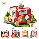 Wooden Activity Cube 8-in-1 Montessori Toys | Multifunctional Early Educational Learning Toys | Wooden Toy for Baby Shape Sorter Xylophone Animal Travel Bus Boy Girl Birthday Gift（Red Bus）