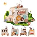 Wooden Activity Cube 8-in-1 Montessori Toys | Multifunctional Early Educational Learning Toys | Wooden Toy for Baby Shape Sorter Xylophone Animal Travel Bus Boy Girl Birthday Gift（Beige Bus）