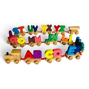 wooden alphabet letters train set  colorful a-z vocabulary toy for toddlers and kids  montessori educational learning toy  early childhood development  wooden pull train with interlocking letter