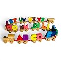 Wooden Alphabet Letters Train Set | Colorful A-Z Vocabulary Toy for Toddlers and Kids | Montessori Educational Learning Toy | Early Childhood Development | Wooden Pull Train with Interlocking Letter