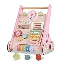 Wooden Baby Walker and Activity Center for Toddler Girl 10-12 Months, Pink