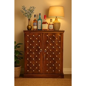 krishna wood decor 4734 height bar cabinet for home  bar unit for living room  solid sheesham wood traditional brass work  wine rack amp glass holder for restaurant and hotel areas  natural finish