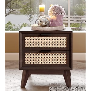 wooden bedside table for bedroom  bed side table  nightstand with 2 drawers storage  sheesham solid wood with cane  walnut finish