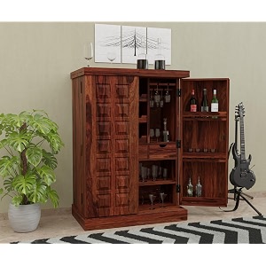 krishna wood decor solid sheesham wood bar cabinet with wine rack and glass holder bar units with storage drawer furniture for home restaurant and hotel areas