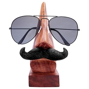 wooden brown nose shaped goggle stand spectaclespecs eyeglass sunglasses holder stand with black moutche