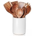 Wooden Cooking Utensils Set with Ceramic Holder,Teak Wood Utensils 10pcs