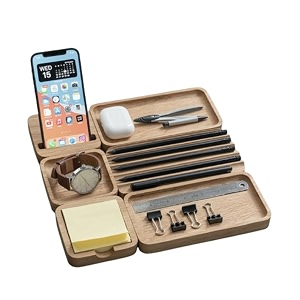 Wooden Desk Organizer with Phone Stand Multi-Compartment