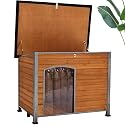 Wooden Dog House Outdoor with Iron Frame, Weatherproof Dog Kennel with Removable Floor, Anti Bite Puppy Shelter with Openable Roof (Brown, 33.5'' x 25.2'' x 22'')