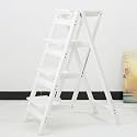 Wooden Folding Ladder - Multi-Function Step Stool and Display Stand, Portable Chair for Indoor and Outdoor Use, Ideal for Plant Racks,White