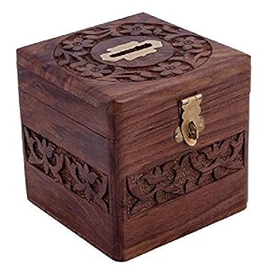 wooden handmade money coin piggy bank for coins storage with special lock coin bank coin box fully handmade carved on full item makes this beautiful money bank for coins and money for kids and adult