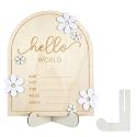 Wooden Hello World Newborn Sign Baby Announcement Sign for Baby Showers Daisy Newborn Birth Announcement Board Welcome Darling Shower Gifts for Hospital Nursery with Photo Frame and Stand