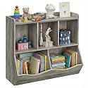 Wooden Kids Bookshelf &amp; Toy Storage Organizer, 5 Cube Toy Storage Cubby, Anti-Tip Safety Bookcase Footboard Storage Cabinet for Children's Room, Playroom, Kindergarten, Easy Assembly, Grey