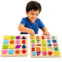 Wooden Number & Shape Matching Puzzle Set for Kids 2–5 Year| Educational Wooden Learning Board with Counting Numbers & Shape Recognition Blocks Early Activity Toy for Preschool Boys & Girls Pack of 2