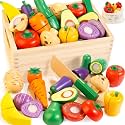 Wooden Play Food Set for Kids Kitchen, Cutting Veggies &amp; Fruits Toy Set