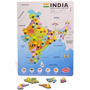 chanak wooden india map puzzle with picture amp states name educational board for kids 18 piece states map montessori learning puzzle for toddlers amp preschoolers nursery amp kindergarten 2 years