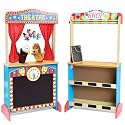 Wooden Puppet Theater for Kids, Double-Sided Play Store with Curtains