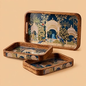 Wooden Serving Tray Set of 3 with