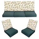 Wooden Sofa Cushion Full Set of 10 for 5 Seater, 55 Density PU Foam, &amp; Fully Customizable-Cushion for Wooden Sofa with Washable Fabric and Inner Fabric 3+1+1 (Green + Flower)