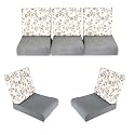 Wooden Sofa Cushion Full Set of 10 for 5 Seater, 55 Density PU Foam, &amp; Fully Customizable-Cushion for Wooden Sofa with Washable Fabric and Inner Fabric 3+1+1 (Light Grey + Brown Flower)