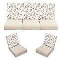 Wooden Sofa Cushion Full Set of 10 for 5 Seater, 55 Density PU Foam, &amp; Fully Customizable-Cushion for Wooden Sofa with Washable Fabric and Inner Fabric 3+1+1 (Orange Flower + Beige Seat)