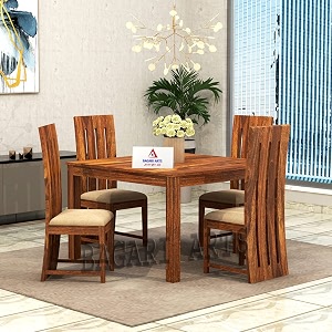 wooden solid sheesham wood 4 seater dining table with chairs  wooden 4 cushion seater square dining table  4 seater dining table set  dining room set  hotel and office  honey finish