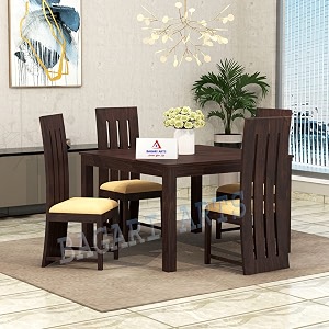 wooden solid sheesham wood 4 seater dining table with chairs  wooden 4 cushion seater square dining table  4 seater dining table set  dining room set  hotel and office walnut finish