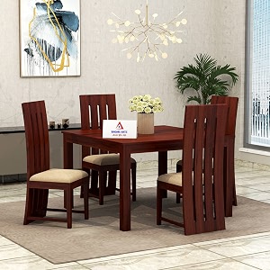 wooden solid sheesham wood 4 seater dining table with chairs  wooden 4 cushion seater square dining table  dining table set  dining room set  hotel and office  mahogany finish