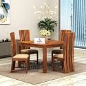 Wooden Solid Sheesham Wood 4 Seater Dining Table with Chairs | Wooden 4 Cushion Seater Square Dining Table | 4 Seater Dining Table Set | Dining Room Set | Hotel and Office | Honey Finish