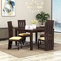 Wooden Solid Sheesham Wood 4 Seater Dining Table with Chairs | Wooden 4 Cushion Seater Square Dining Table | 4 Seater Dining Table Set | Dining Room Set | Hotel and Office (Walnut Finish)