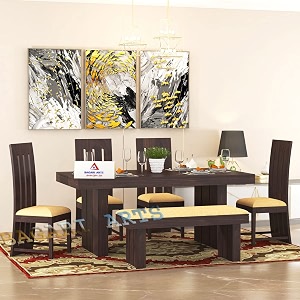 wooden solid sheesham wood 6 seater dining table  1 dining table and 4 cushion chairs and 1 cushion bench  home furniture  hotel and office  dining table set  dining room set  walnut