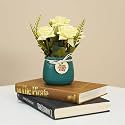 Wooden Street Ceramic Pot with Artificial Flower for Home &amp; Office Decor | Decorative Faux Flowers in Modern Ceramic Vase | Durable Home Decoration Item | Green (8.4x17.8 Cm)