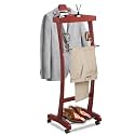 Wooden Suit Valet Stand, with Wheels mobile Floor Standing Suit Coat Stand With Contour Hanger Trouser Bar And Top Storage Tray, Freestanding Valet Stand for Men Women Office Living Room Wine red