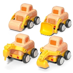 wooden toddler car toys for 18m friction powered construction truck - excavator bulldozer road roller drill rig push and go vehicle christmas birthday gift for 2 3 years old kids boys and girl
