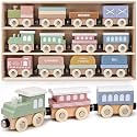 Wooden Train Set for Toddlers, 12PCS Montessori Magnetic Train Cars with Storage Gift Box, Compatible with Major Brands, Wooden Baby Stacking Blocks Toy, Birthday Gift for Boys Girls Ages 1-3 3-5+