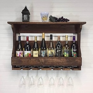 wooden wall mounted wine rack  wall hanging mini bar for home  solid sheesham wood wine rack bar cabinet with reverse glass hanging storage brown finish