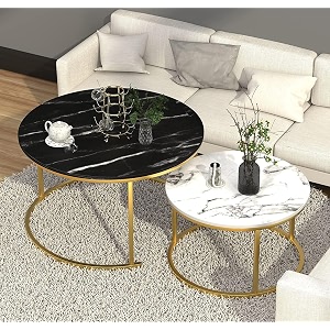 wooden world modern round nesting coffee table with marble look table top modern coffee table apartment bedroom living room office etc white black