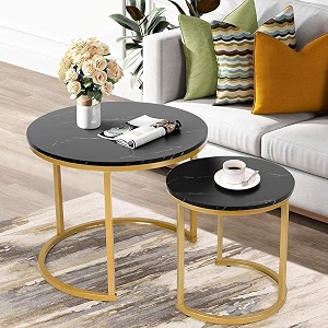 wooden world modern round nesting coffee table with marble look table top modern coffee table apartment bedroom living room office etc black