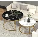 Wooden World Modern Round Nesting Coffee Table with Marble Look Table top Modern Coffee Table Apartment Bedroom Living Room Office Etc. (White Black)