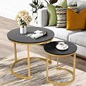 Wooden World Modern Round Nesting Coffee Table with Marble Look Table top Modern Coffee Table Apartment Bedroom Living Room Office Etc. (Black)