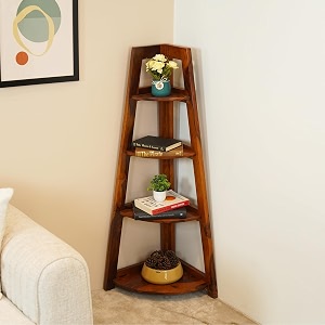 wooden street severino bookshelf  4 tier sheesham wood open multipurpose foldable bookshelf  compact home and office wooden rack  honey finish bookcase  155 l x 155 w x 46 h inches