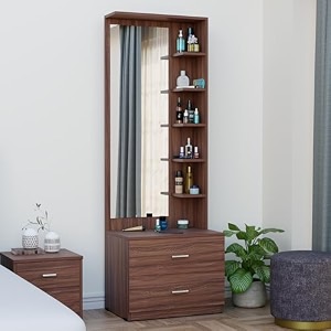 woodexpress engineered wood dressing table with mirror and storage  vanity table with 5 shelves amp 2 drawers for bedroom living room and home - walnut finish