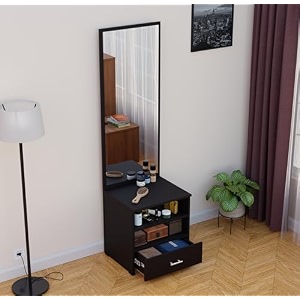 woodexpress wooden dressing table with mirror and storage  engineered wood vanity table for bedroom living room and home  black wenge finish  height 175cm width 45cm depth 38cm