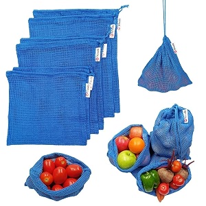 cotton drawstring mesh net bags for fridge storage - set of 6  eco friendly reusable refrigerator bags blue
