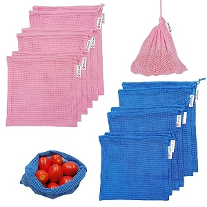 cotton vegetable drawstring bags - set of 12 mesh net reusable refrigerator bags - pink6 blue6