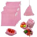 Cotton Mesh Bags for Fridge Storage - Set of 6 Reusable Refrigerator Bags with Drawstring (Pink)