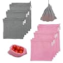 Woodii Cotton Vegetable bags for fridge storage set of 12 | Mesh net bag for fruits and Vegetables | Fridge bags | Eco friendly reusable refrigerator cotton mesh bag | Grey(6) Pink (6)