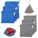 Woodii Cotton Vegetable bags for fridge storage set of 12|Fridge bags|Eco friendly reusable refrigerator cotton mesh bag for fruits and Vegetables|Grey(6) Blue (6),Drawstring