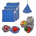 Woodii Cotton Vegetable bags for fridge storage set of 6 | Mesh net bag for fruits and Vegetables | Fridge bags | Eco friendly reusable refrigerator cotton mesh bag | Grey(3) Blue (3)