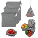 Cotton Reusable Fridge Bags Set of 6|Mesh Net Fruits Veggies Bags|Eco-Friendly Refrigerator Grey Drawstring