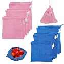 Cotton Vegetable Drawstring Bags - Set of 12 Mesh Net Reusable Refrigerator Bags - Pink(6) Blue(6)